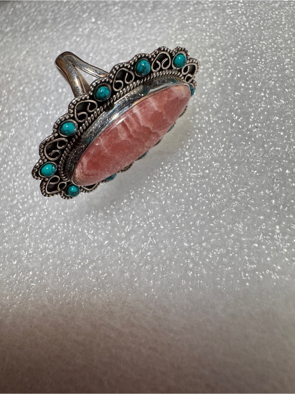 925 Sterling Silver Pink Stone and Turquoise Accent Silver Ring Sz 8 - Picture 7 of 9